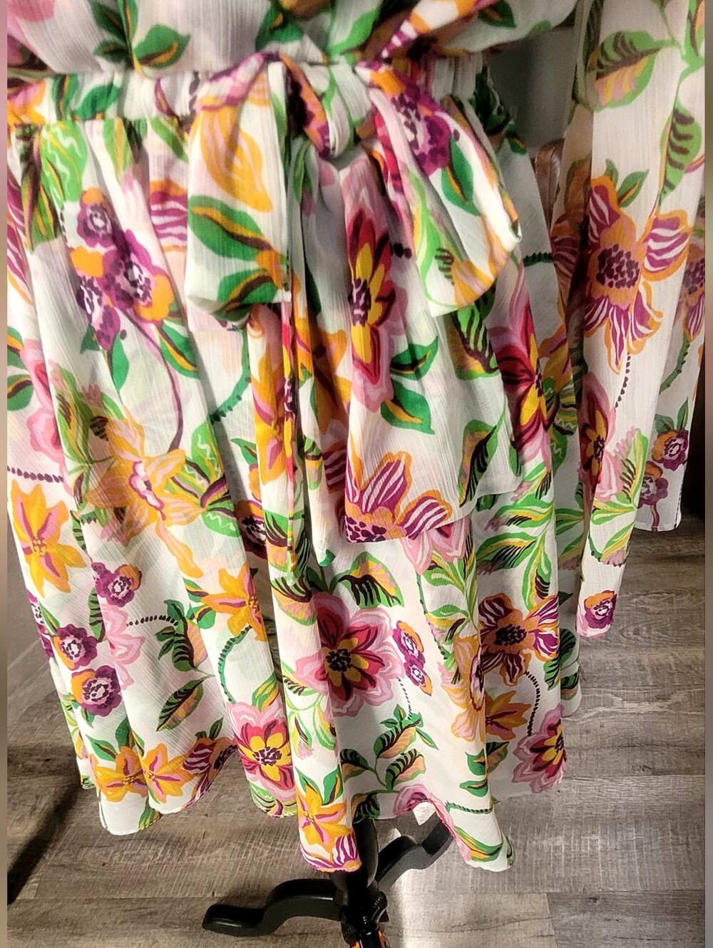 Misa Los Angeles White Floral Faux Wrap Mini Dress with Pink and Yellow Blooms - Picture 6 of 9